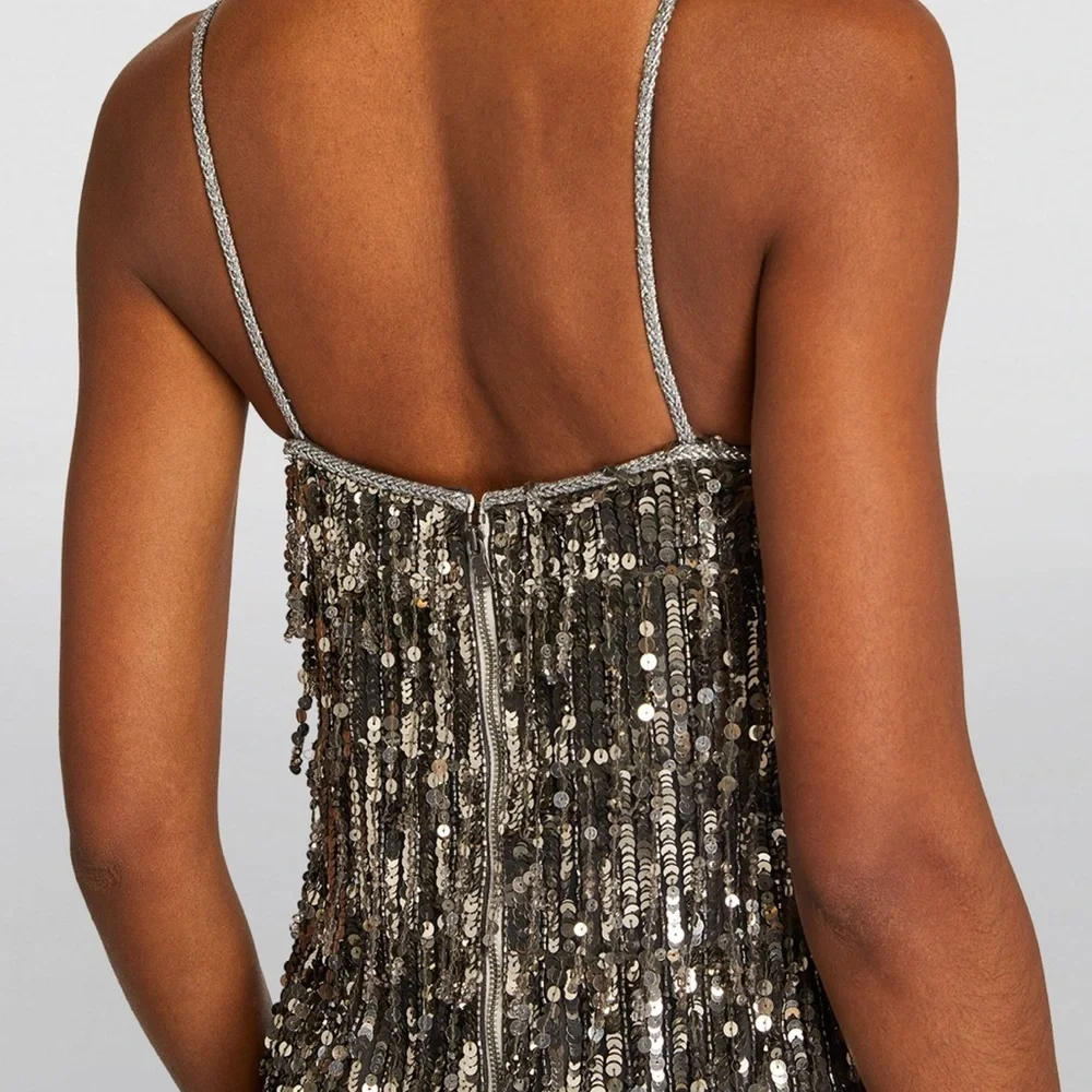 NWT Alice + Olivia Chicago Sequin Fringe Mini Dress Gunmetal Silver Flapper NYE - Picture 11 of 17